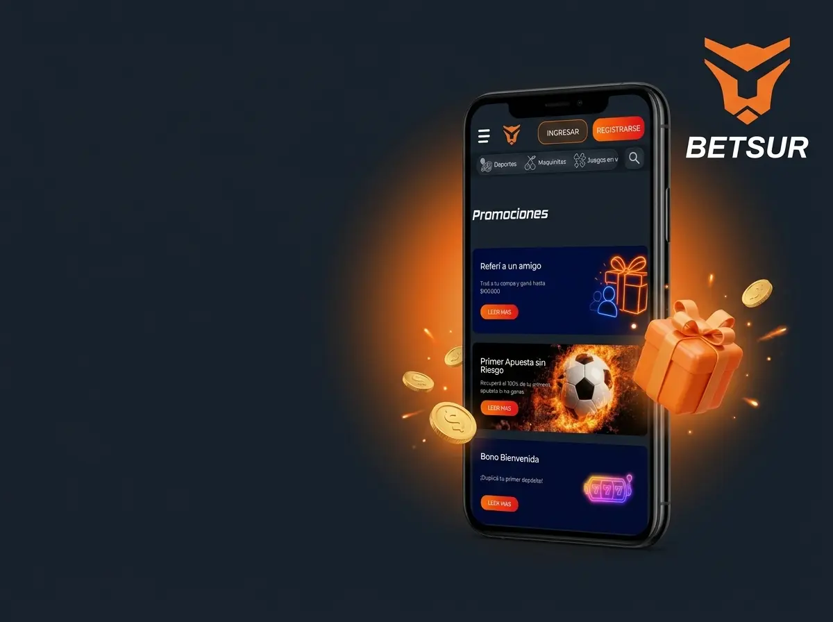 Celular con la página de promociones de Betsur, regalo y monedas, con el logo de Betsur