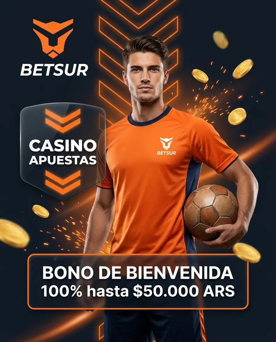 Futbolista con camiseta naranja de Betsur y banner: casino, apuestas y bono de bienvenida del 100% hasta $50.000 ARS