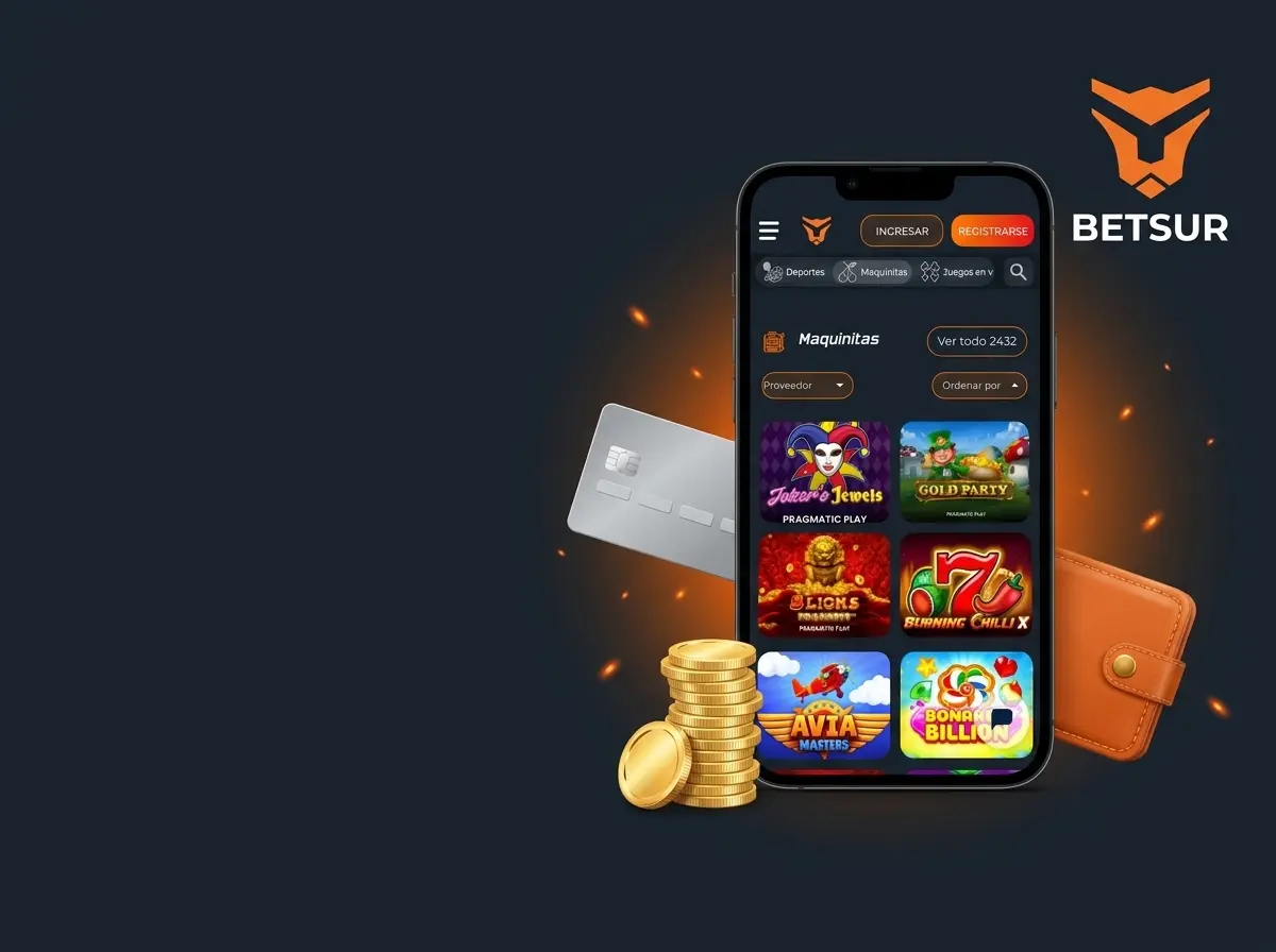 Celular con Betsur, tarjeta, monedas y billetera: depósitos y retiros, con el logo de Betsur