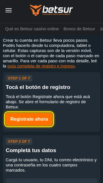 Botón Registrate ahora marcado en amarillo en el primer paso de la guía de registro de Betsur, en el celular