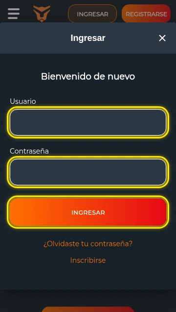 Ventana para ingresar a Betsur en el celular con usuario, contraseña y botón INGRESAR marcados en amarillo